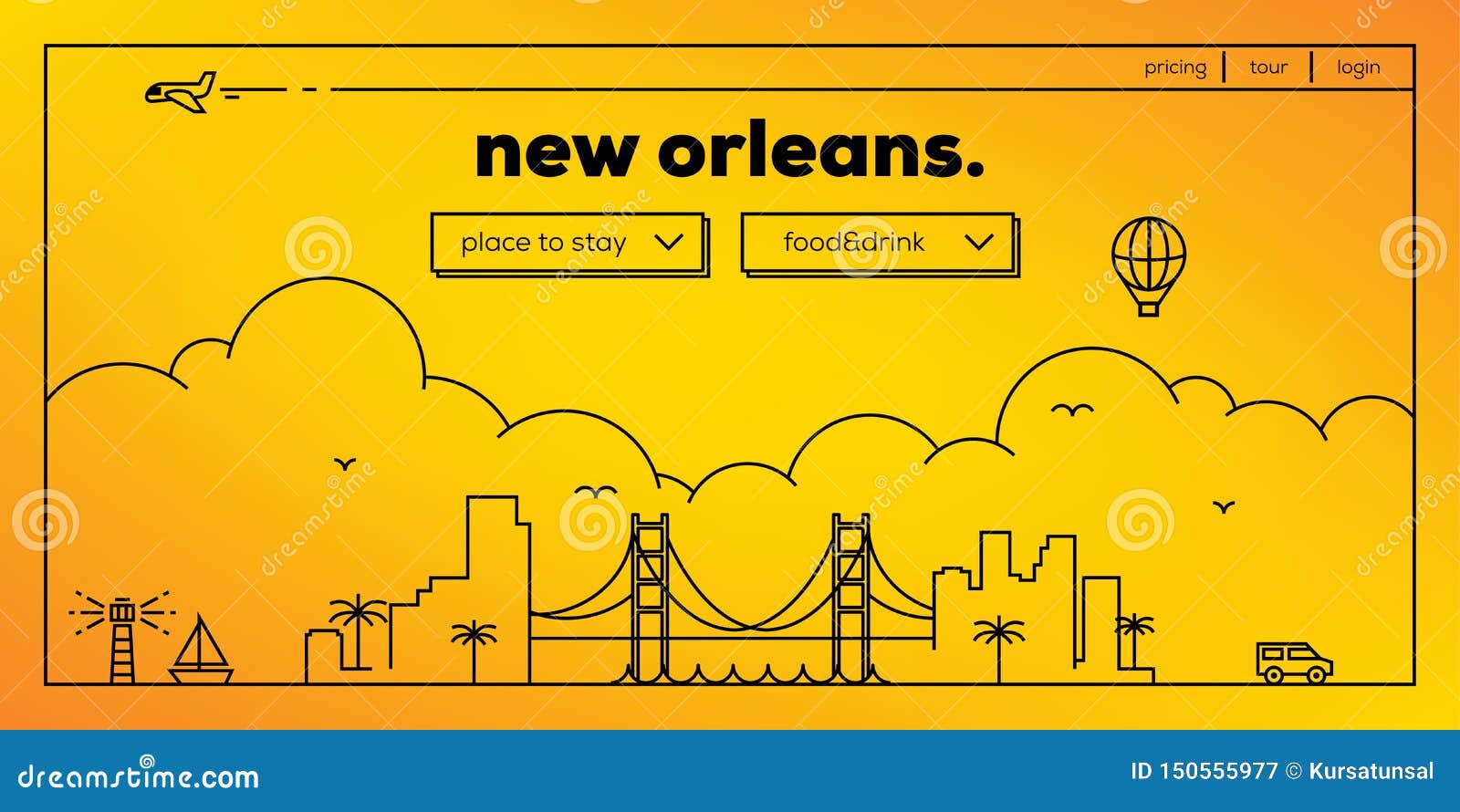 New Orleans Modern  Banner Design with Vector Linear Skyline Stock