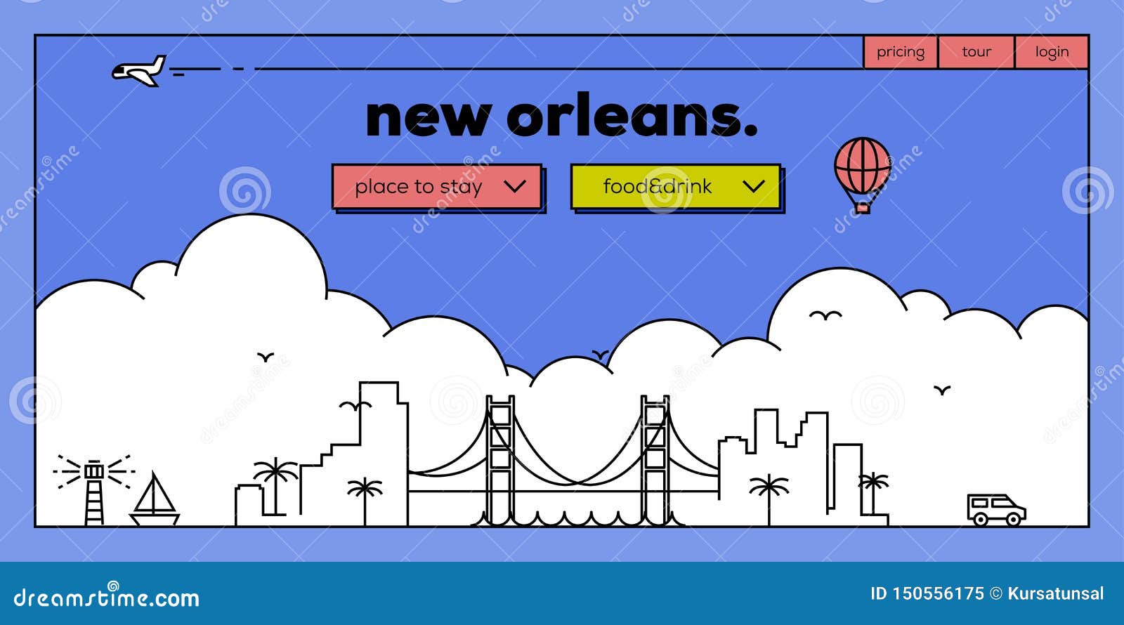 New Orleans Modern  Banner Design with Vector Linear Skyline Stock
