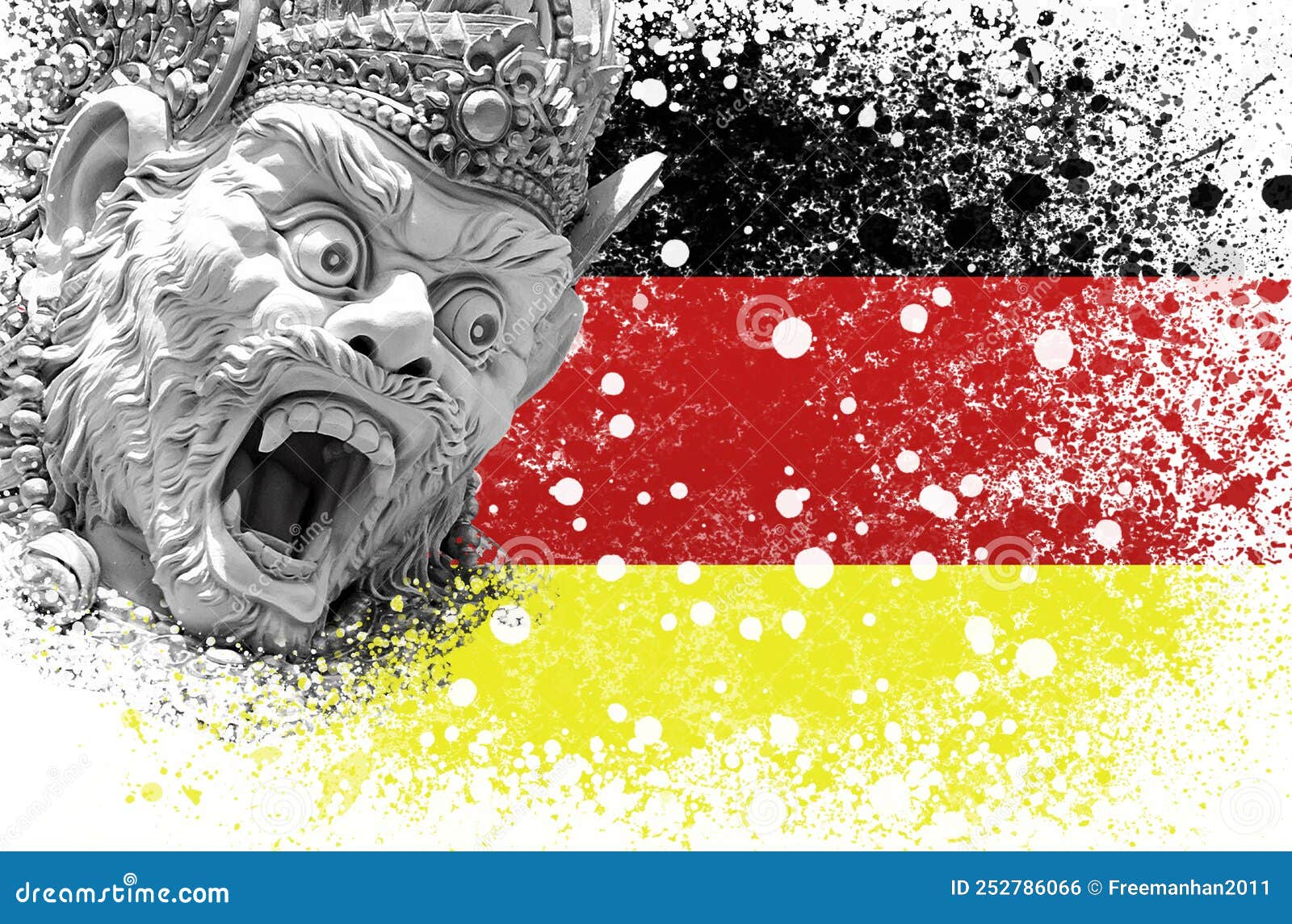 a new outbreak of viral infection at germany, monkey pox. head of statue god monkey hanuman at german flag background