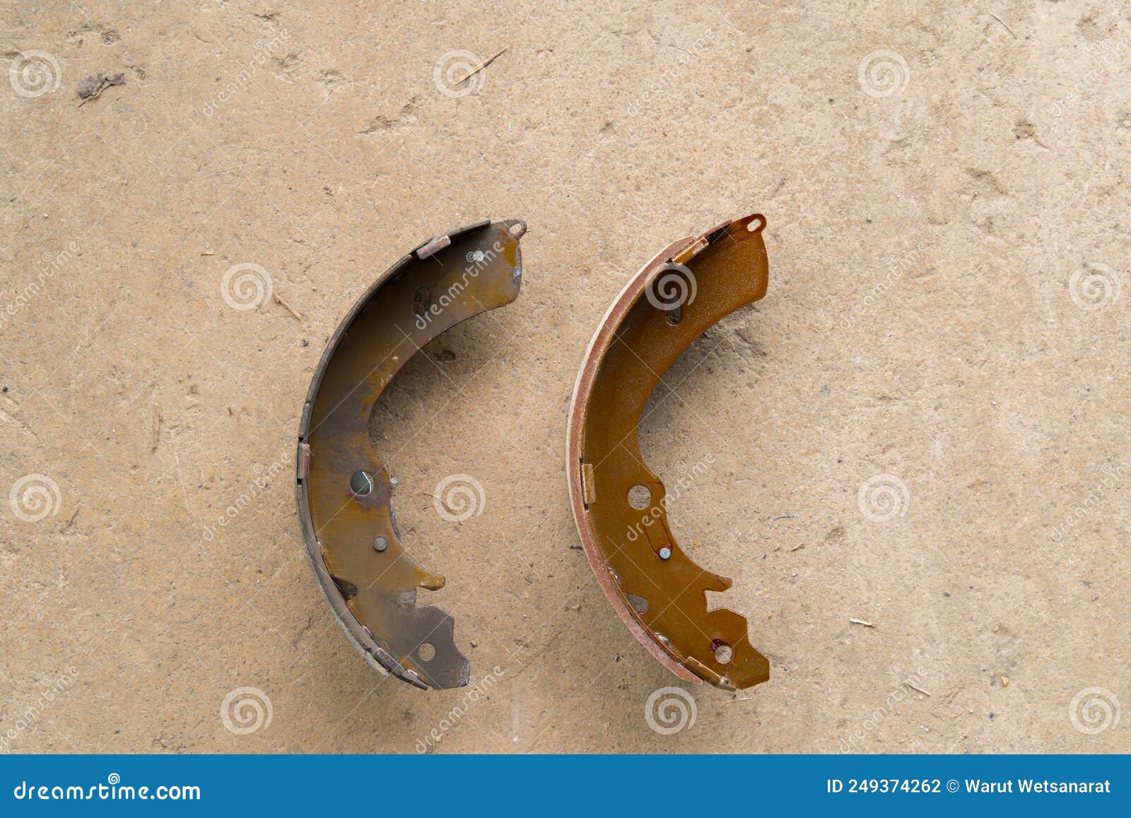New Rear Drum Brake Pad Vs Old Rear Drum Brake. Stock Photo Image of