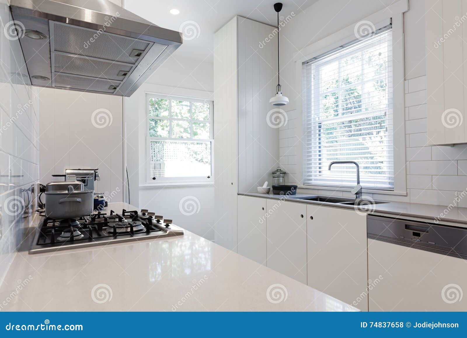 new renovated crisp white galley style kitchen