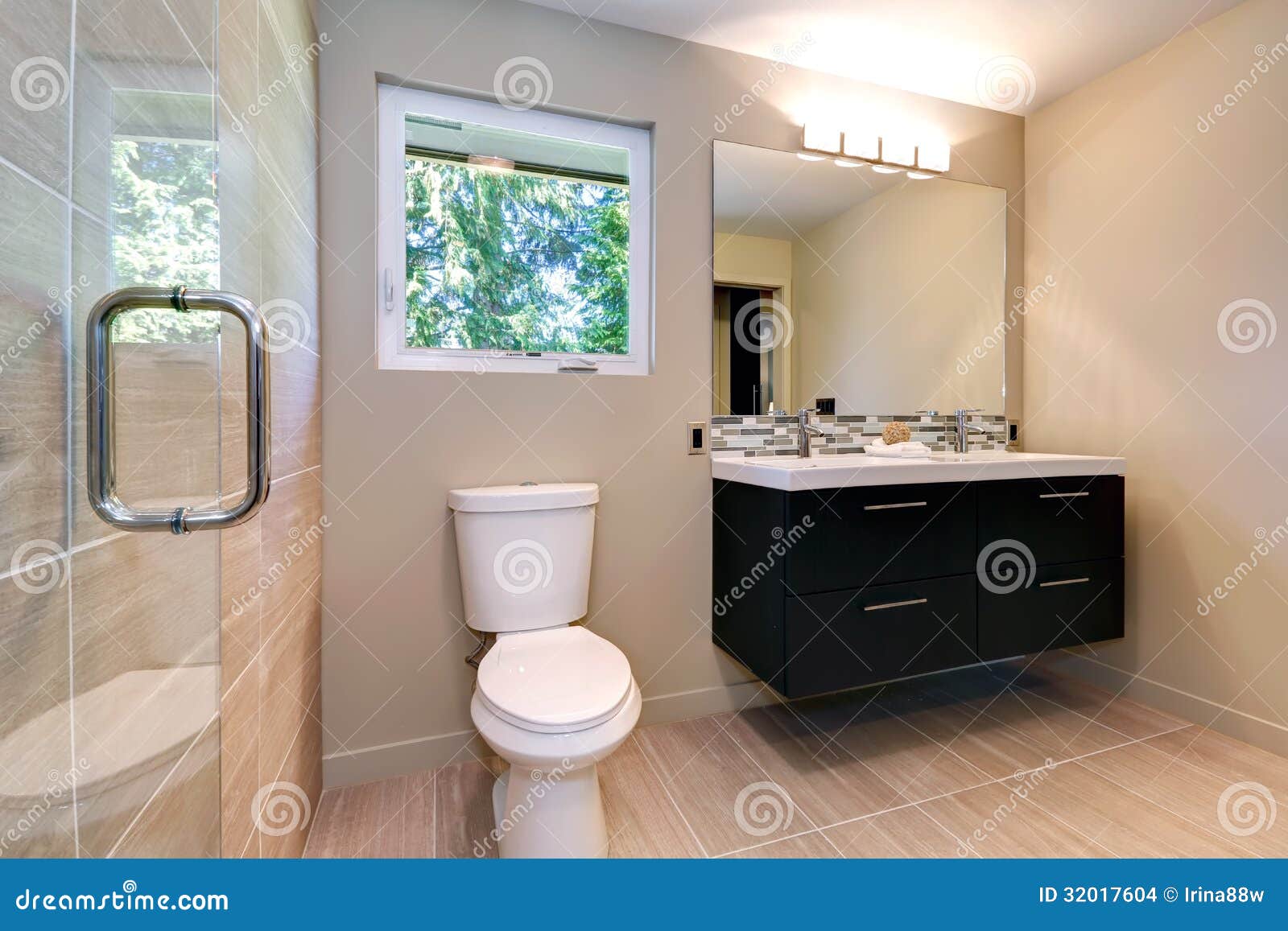 New Simple Modern Bathroom with Double Sinks and Natural Ceramic Tile. Stock Photo Image of