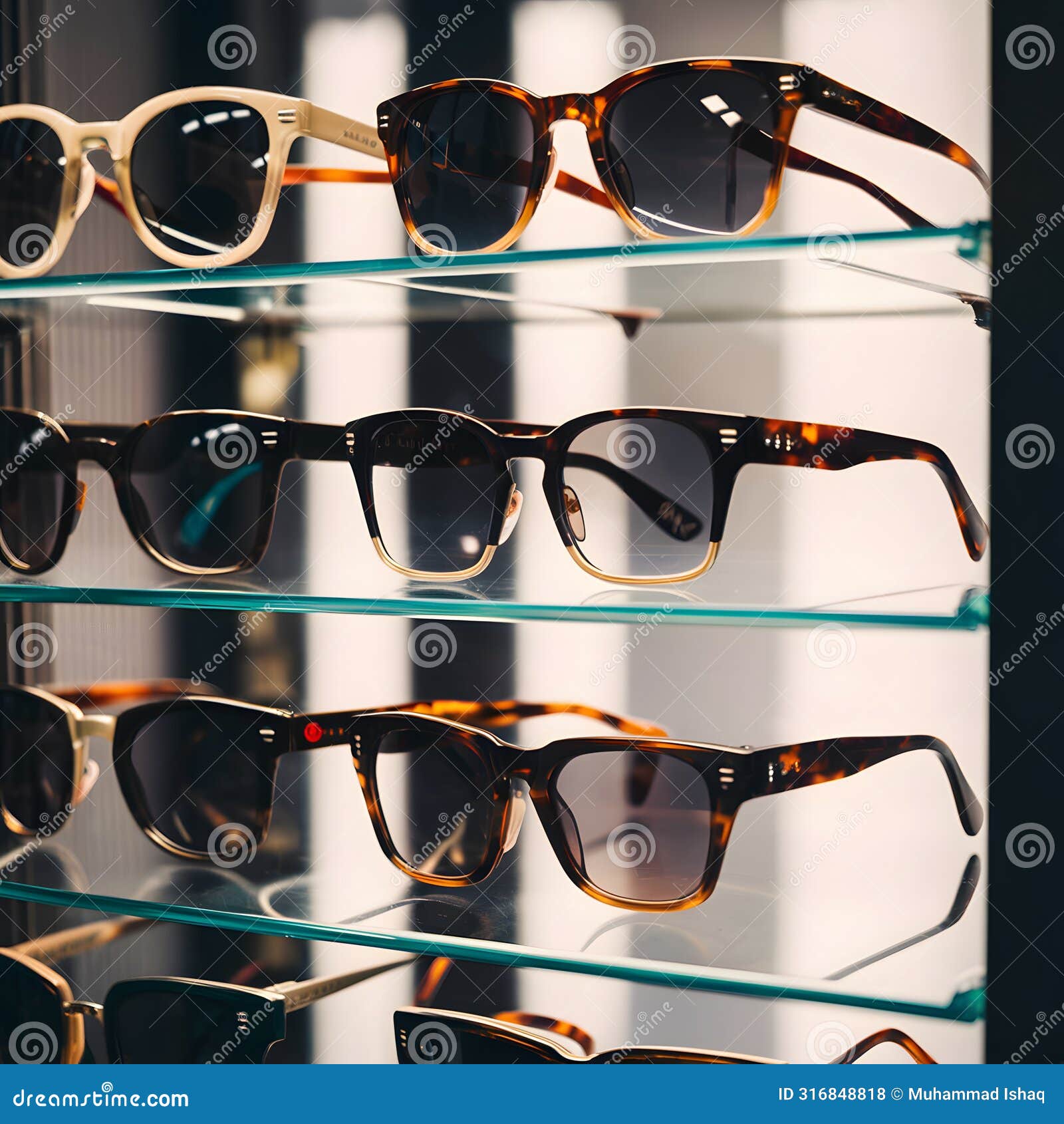 new sunglasses displayed in modern ophthalmic store showcase