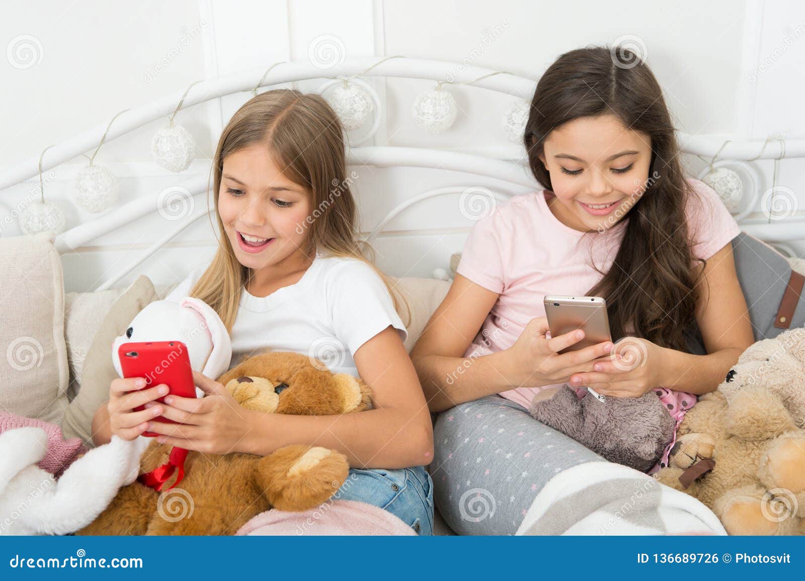 New Technology. Happy Little Children with Mobile Phone. Ordering Gifts ...