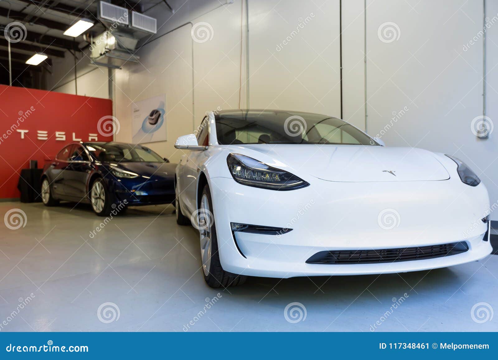 New Tesla Model 3s Inside The Tesla Store In Raleigh, NC Editorial