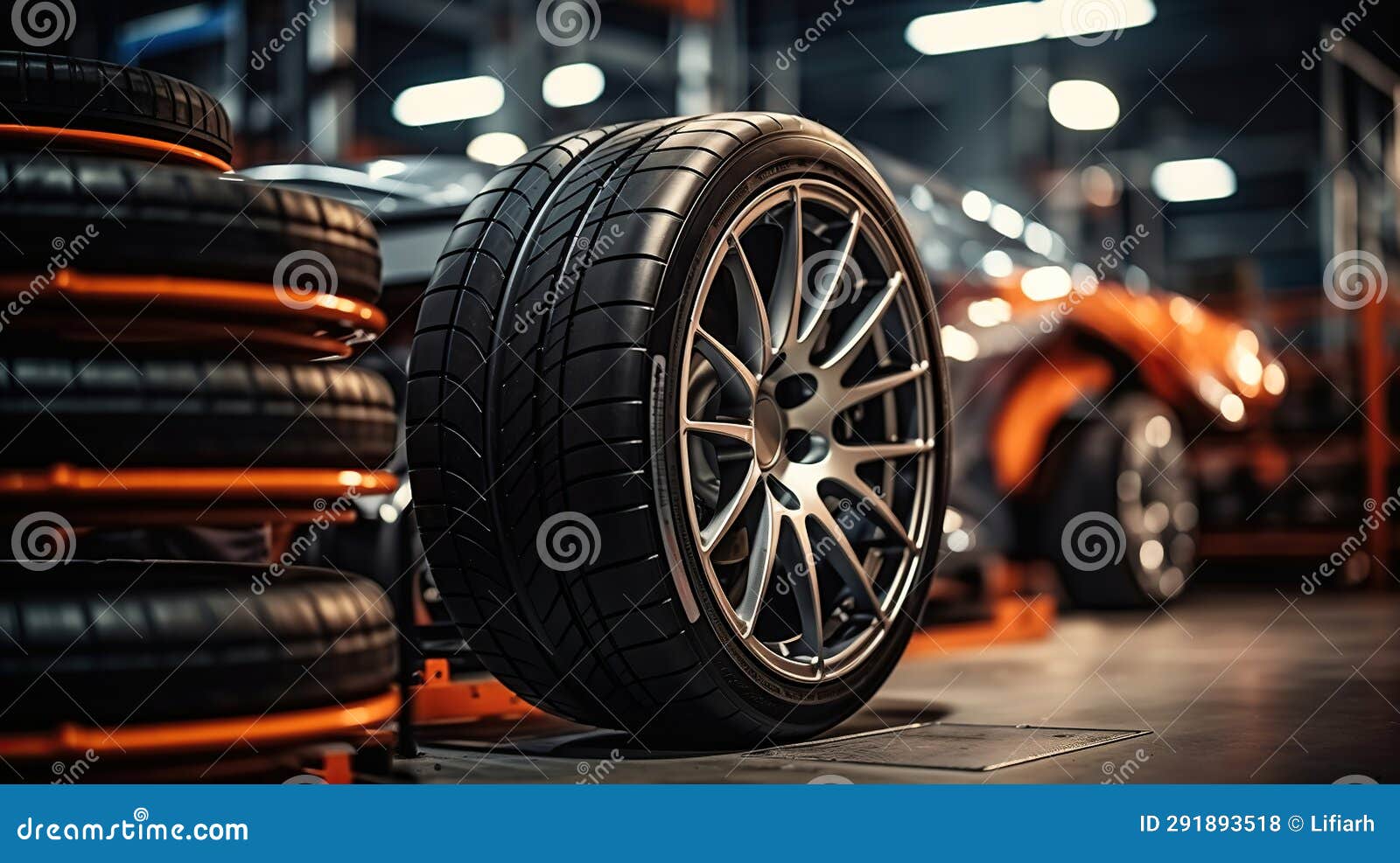 New Tires and Wheels on the Garage Background. Generative AI Stock