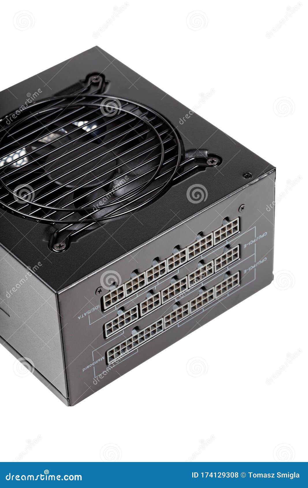 new unplugged black dark modular psu power supply unit backside, connectors and fan, top view, pc part, object  on white