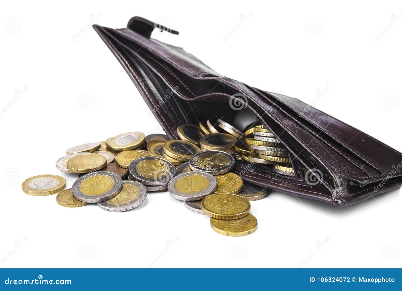 New Wallet Full of Euro Coins on White Background. Stock Photo Image of coins, economical