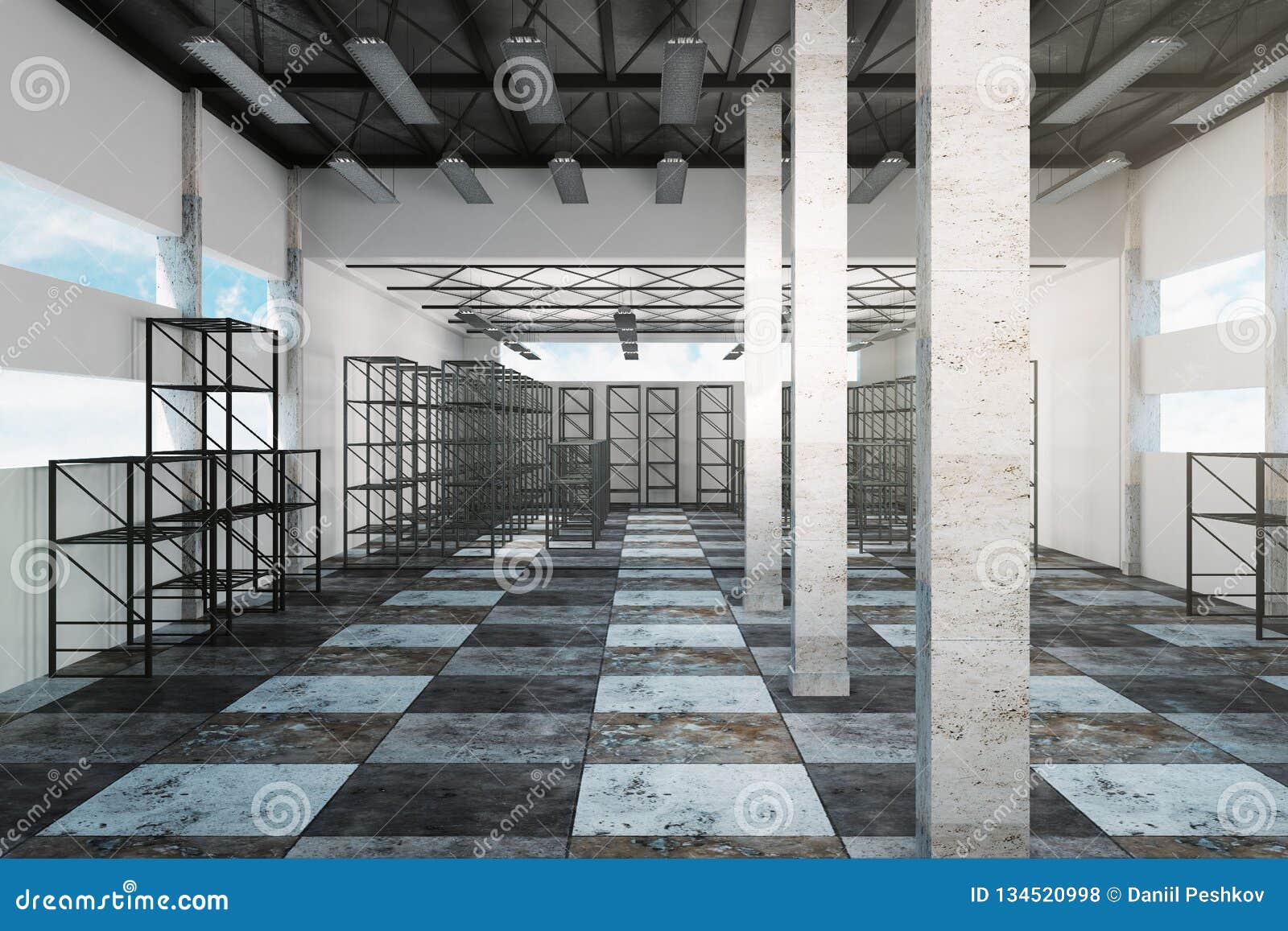 New warehouse interior stock illustration. Illustration of hangar