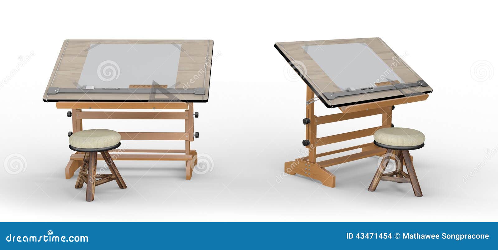 New Wooden Drawing Table With Tools And Stool Clipping Path I