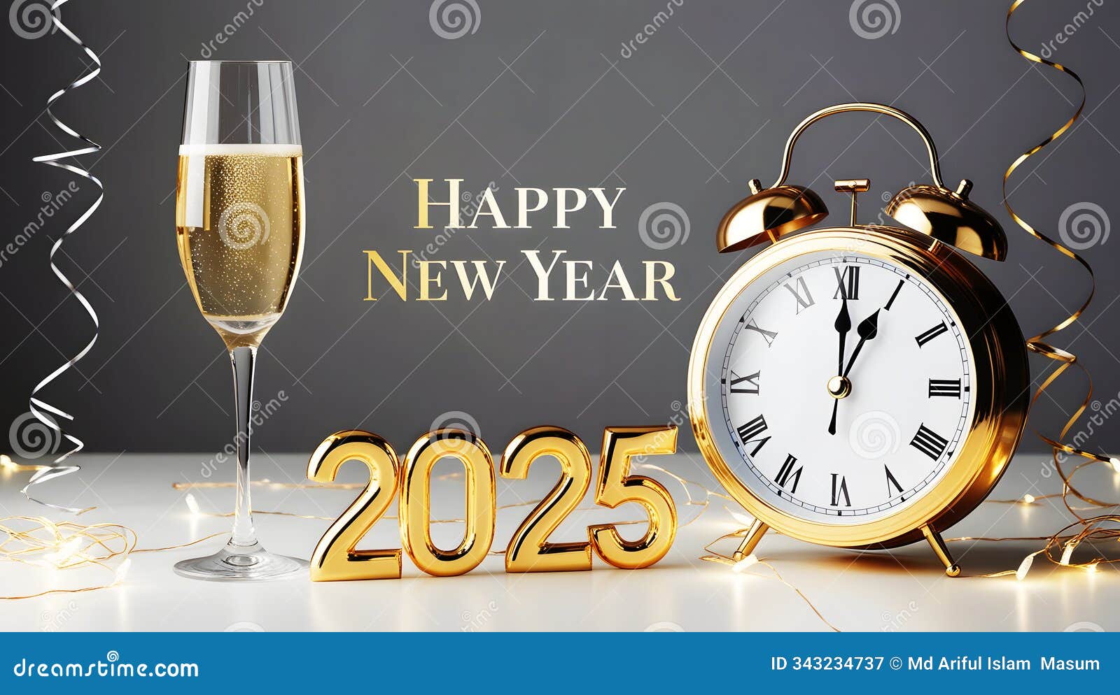 new year 2025 background image with sparkling champagne and clock striking midnight