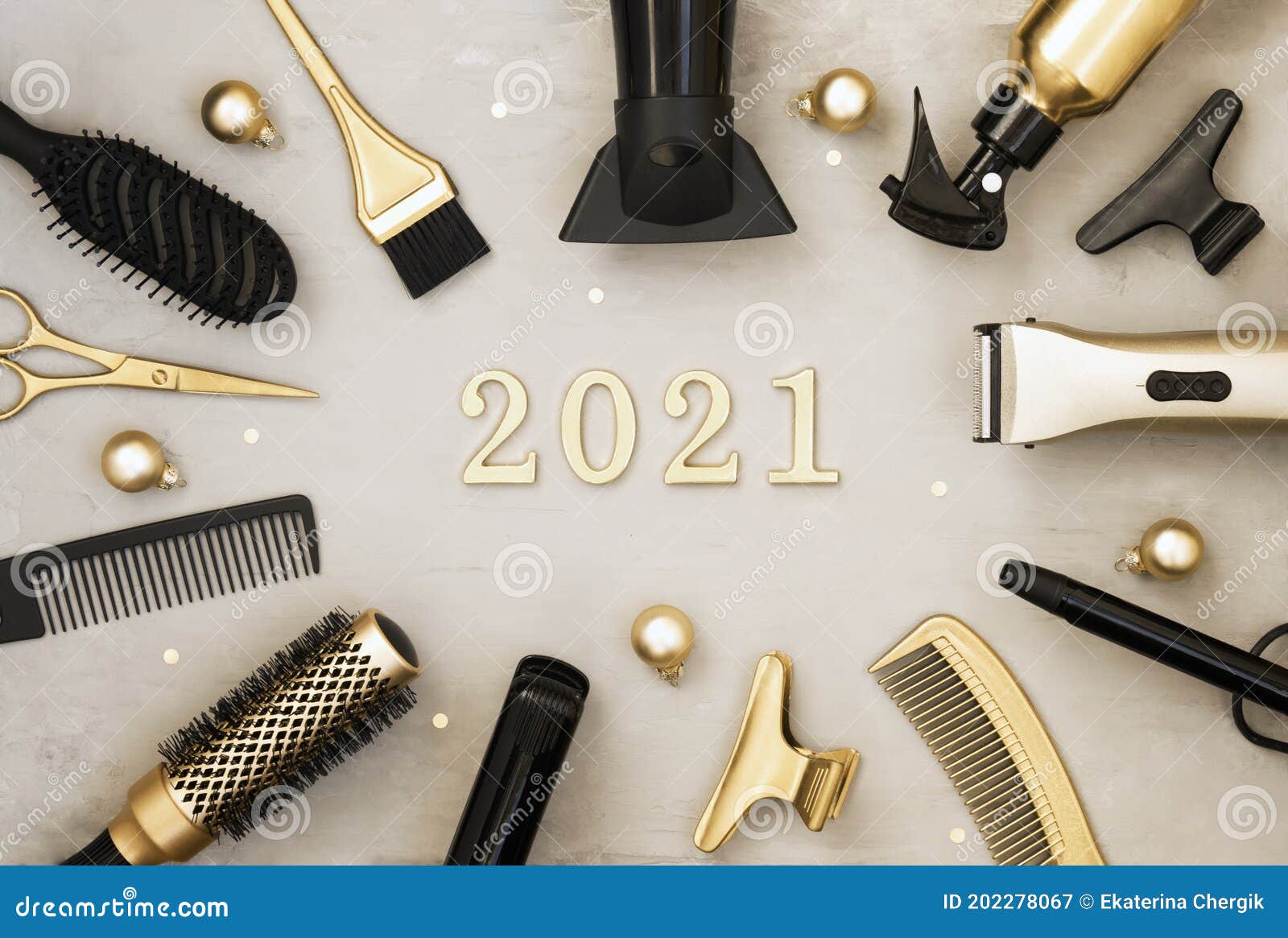 New Year Banner with Hairdressing Tools and Figures 2021. Gold and Black  Hair Salon Items. Stock Image - Image of flat, background: 202278067