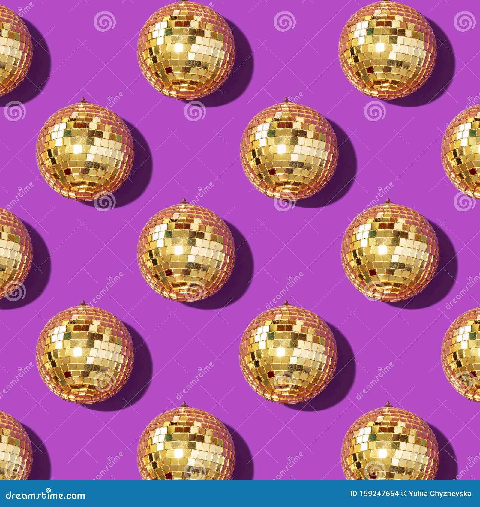New Year Baubles. Shiny Gold Disco Balls on Violet Background. Pop Disco  Style Attributes, Retro Concept Stock Photo - Image of celebration, girl:  159247654