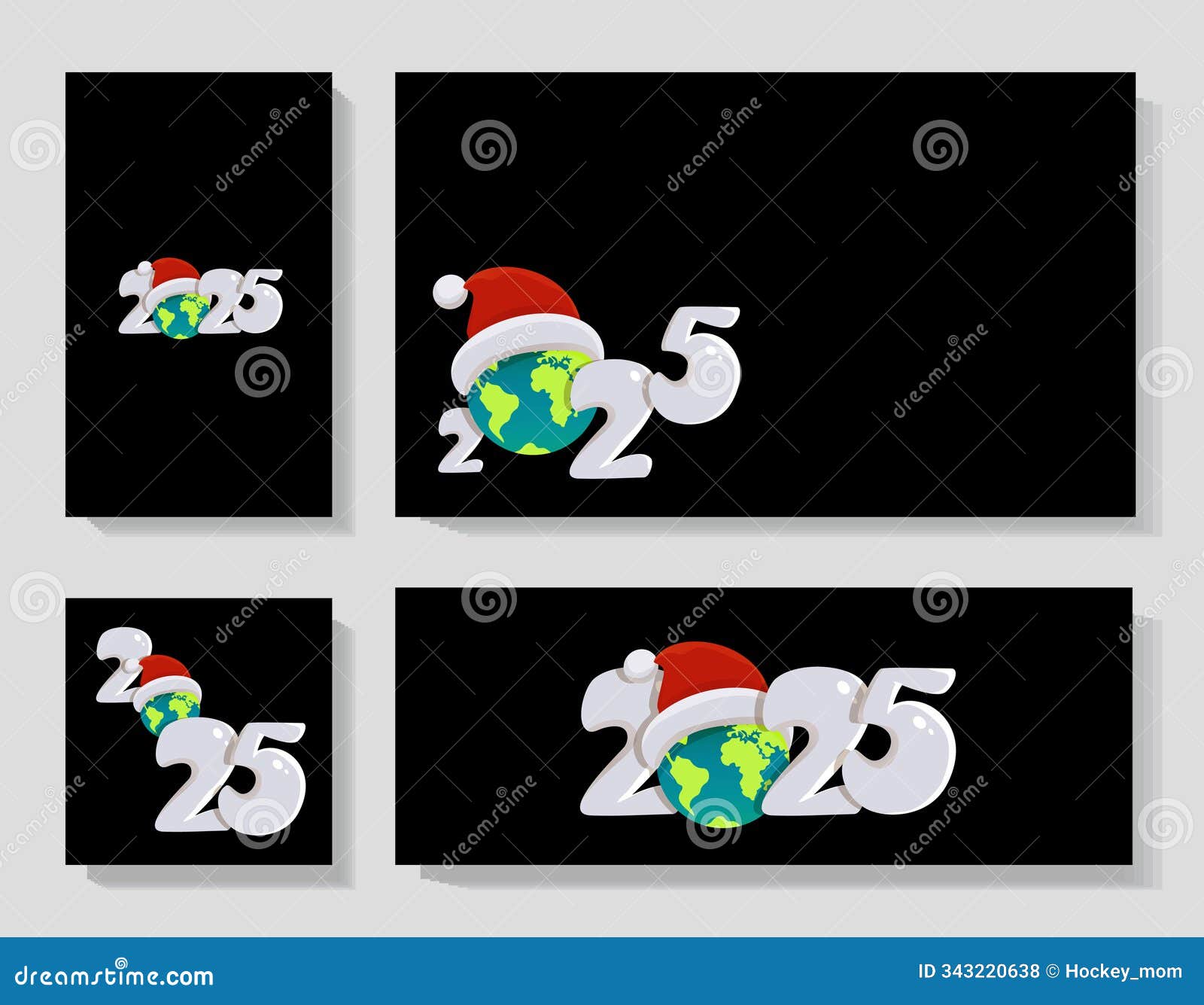 2025. new year 2025 black cards with a globe in santa's hat. flat colorful number. cartoon style. clipart