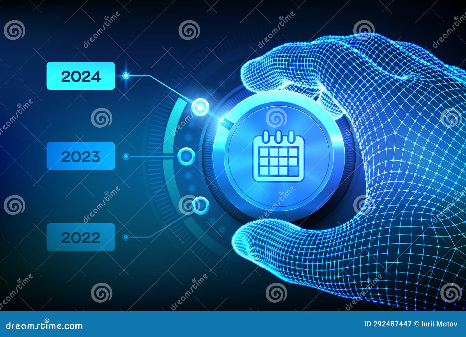 2024 New Year Change. Switch Levels Knob Button on 2024. Wireframe Hand