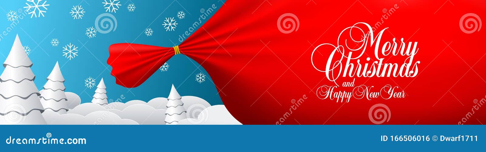 New Year and Christmas banner or website header vector layout. Santa's bag, trees, snowflakes and snow on blue background.