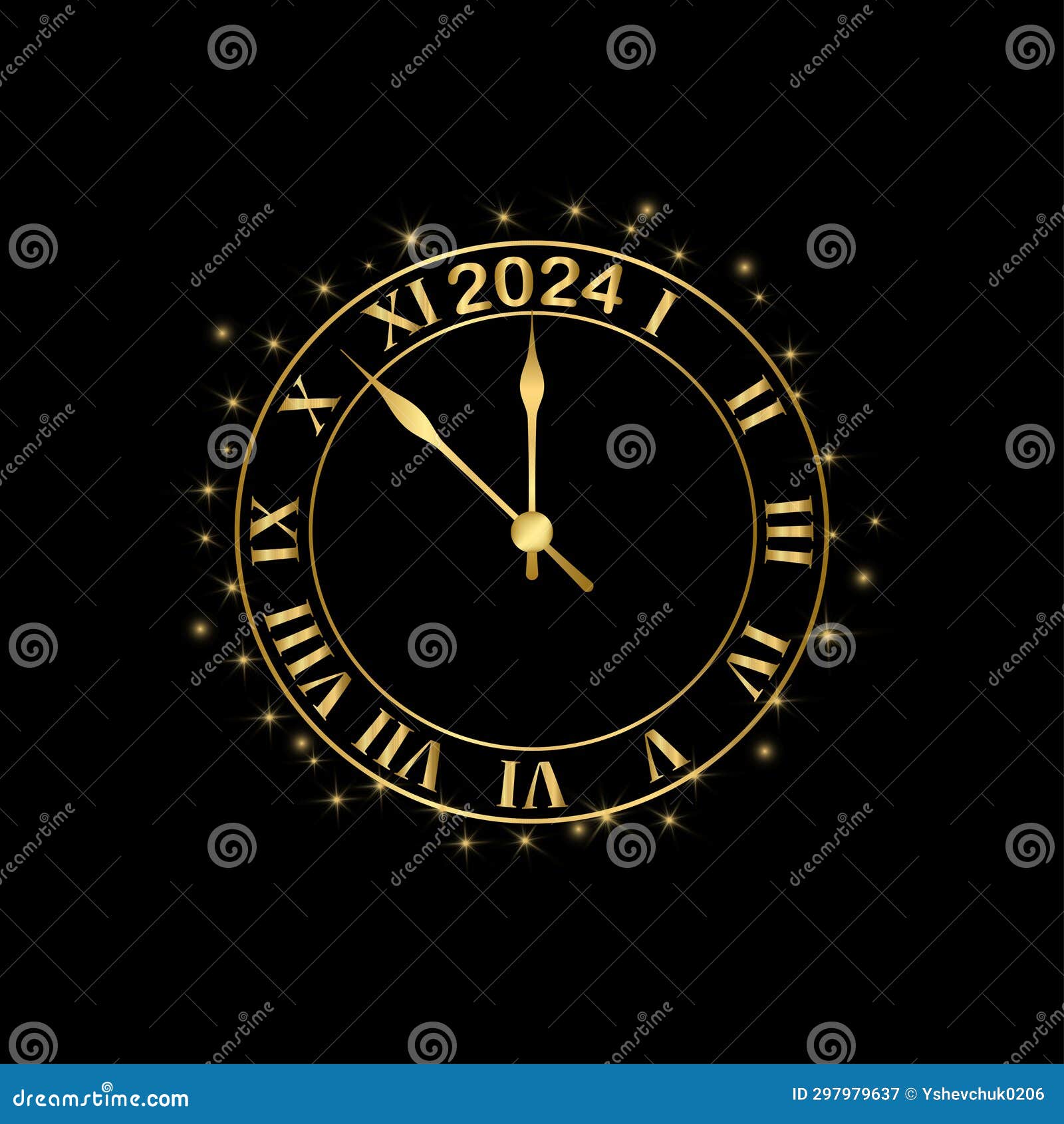 New Year 2024. Clock Hand Shows about 2024 O Clock. Gold Shiny. Vector