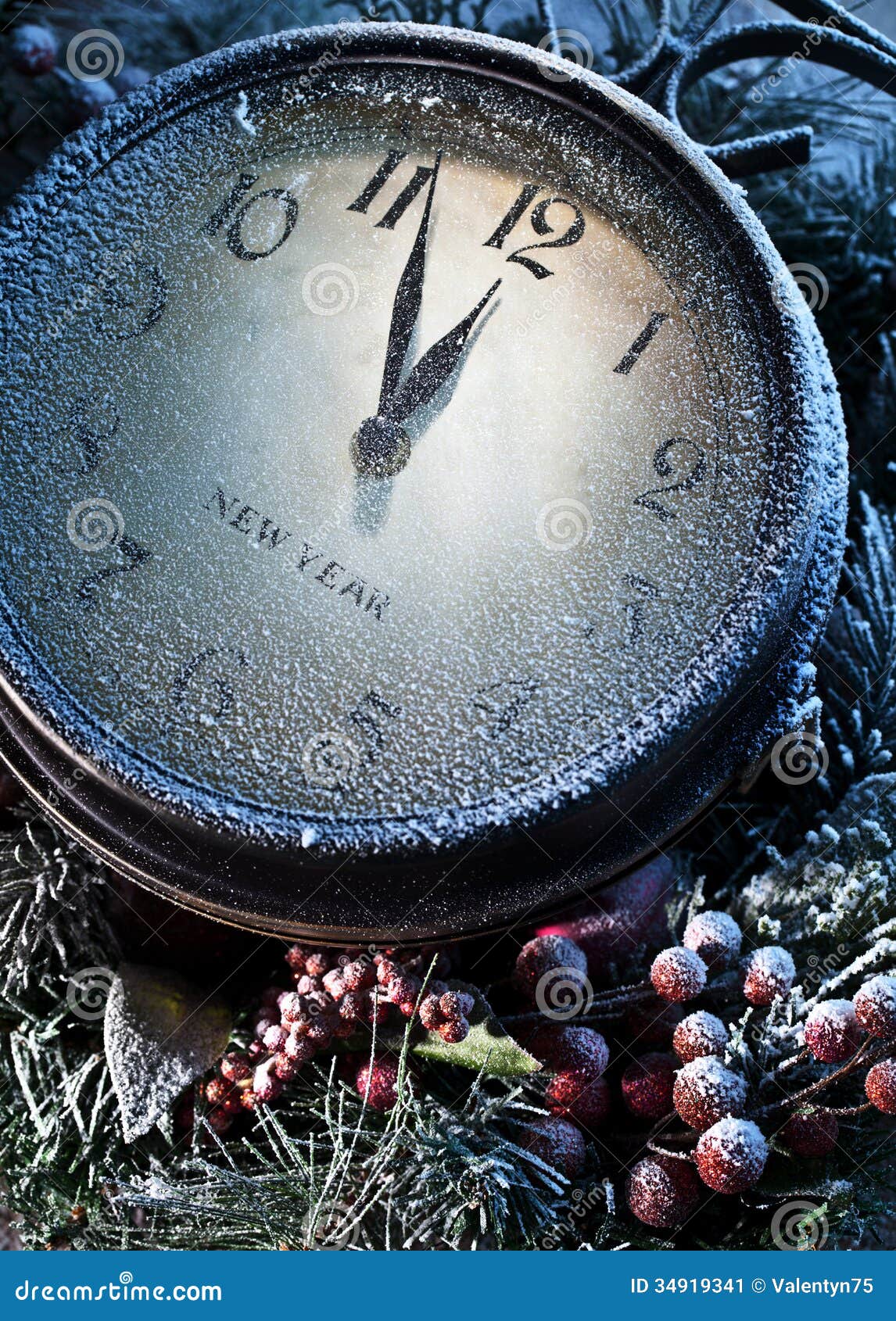 New Year Clock Powdered With Snow. Royalty-Free Stock 