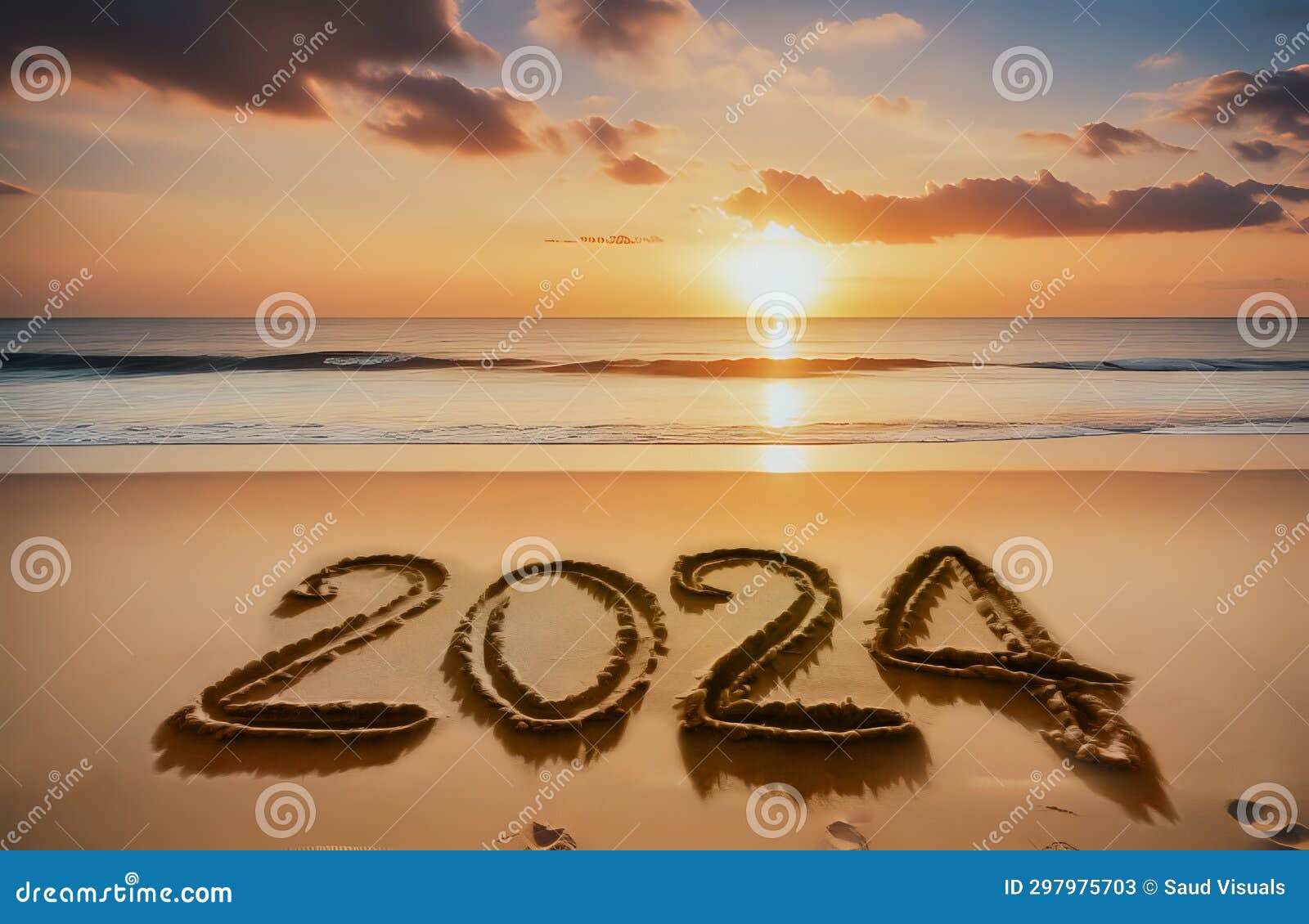 New Year 2024 Concept. Text 2024 Written on Sandy Beach during Sunset