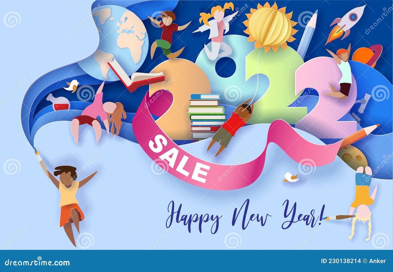 2022 New Year Design Card with Kids on Blue Background. Stock Vector -  Illustration of cute, colorful: 230138214