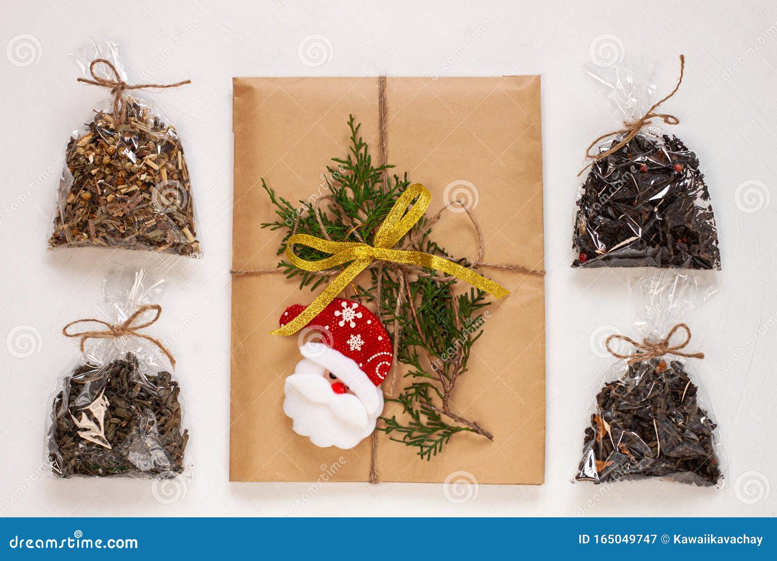Download New Year Flat Lay. Christmas Tea Gift Box Wrapped In Kraft Paper With Pine Tree Cones.Mockup ...