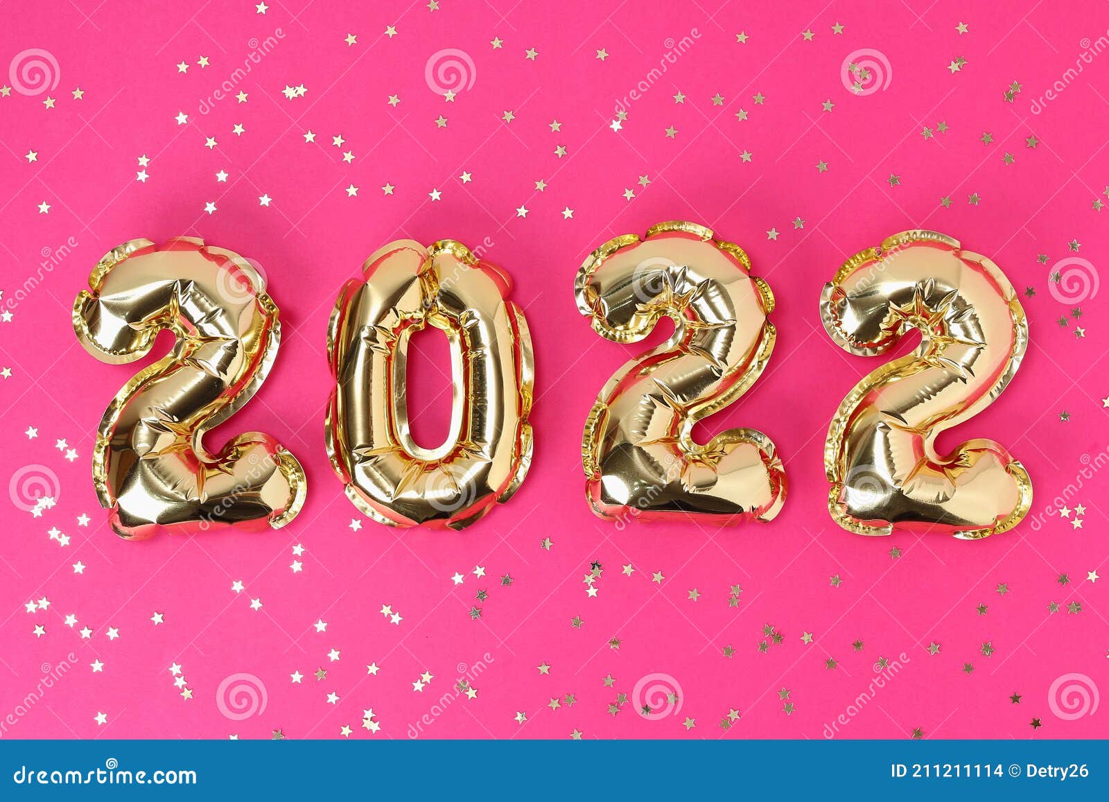New Year 2022. Foil Balloons Numbers 2022 On Pink Background. New Year