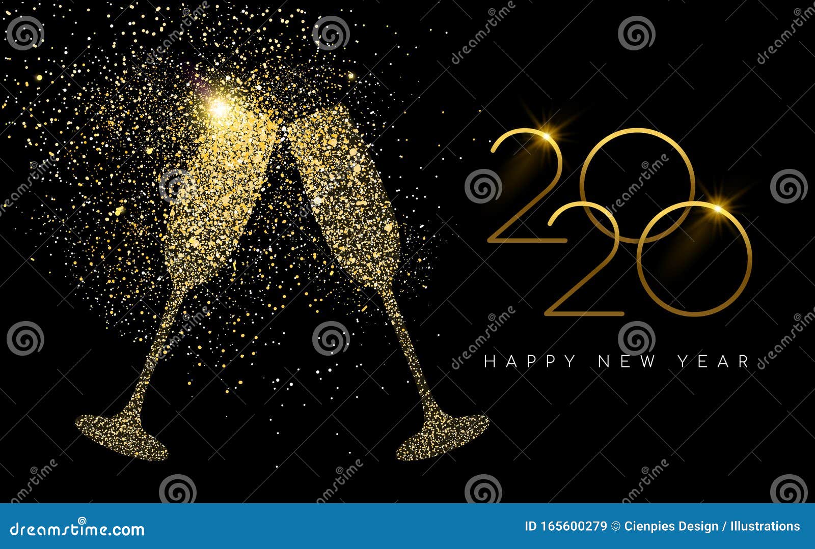 New Year 2020 Gold Glitter Champagne Toast Card Stock Vector ...