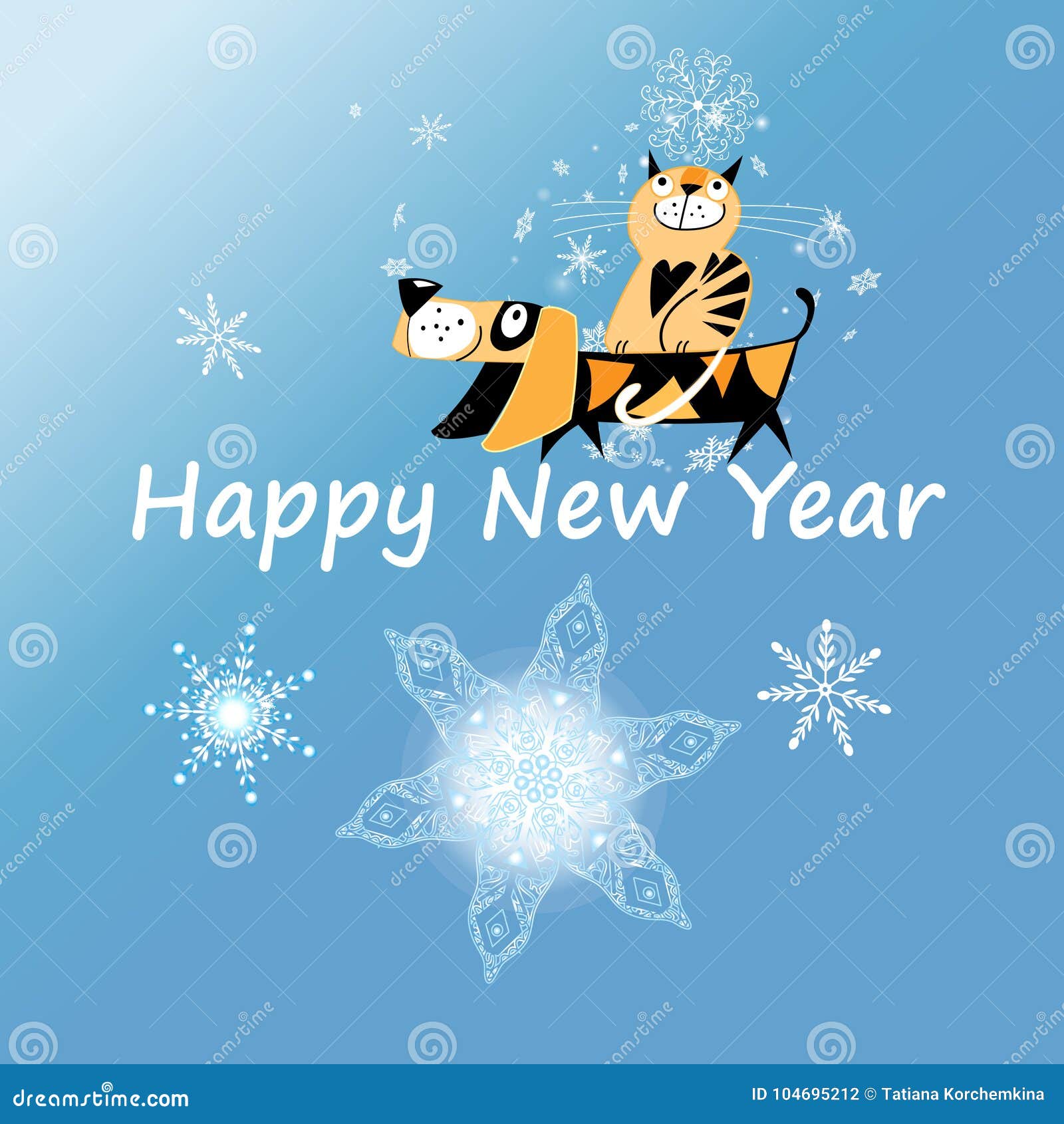 New Year Greeting Card with Dog and Cat Stock Vector Illustration of