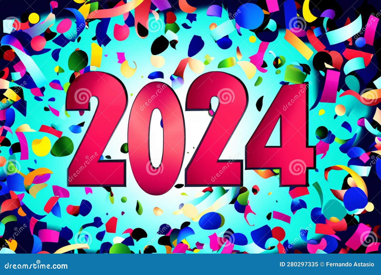 2024. New Year, 2024. Numbers on a Background of Confetti. Horizontal