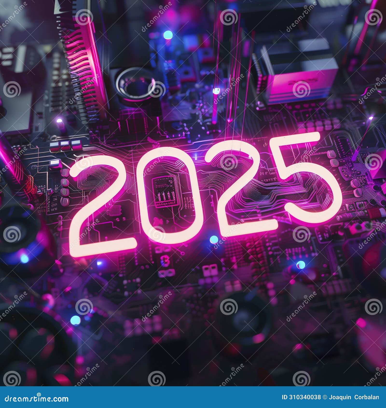 New Year "2025" Numbers. Cyberpunk Neon Tubes, Font Number Glowing in the Dark Stock