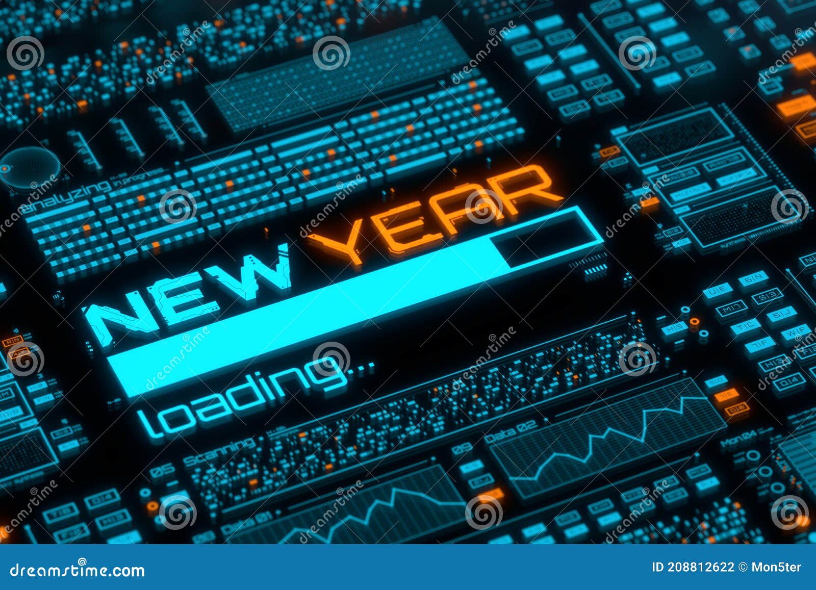 New Year Progress Bar on Digital Lcd Display with Reflection. Stock