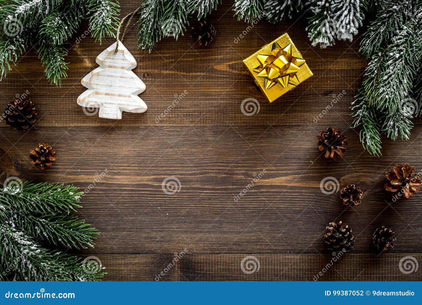 New Year`s Background. Christmas Toys, Present, Spruce Branches, Pine ...