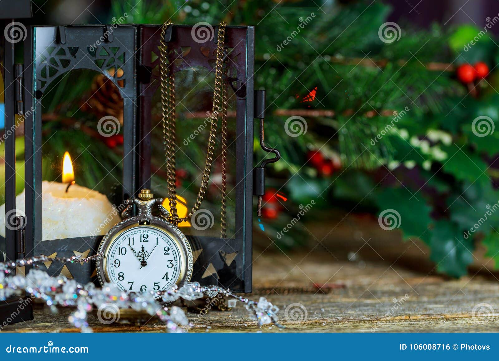 New Year S Card with Christmas Tree Fir Branches, Midnight Clock ...