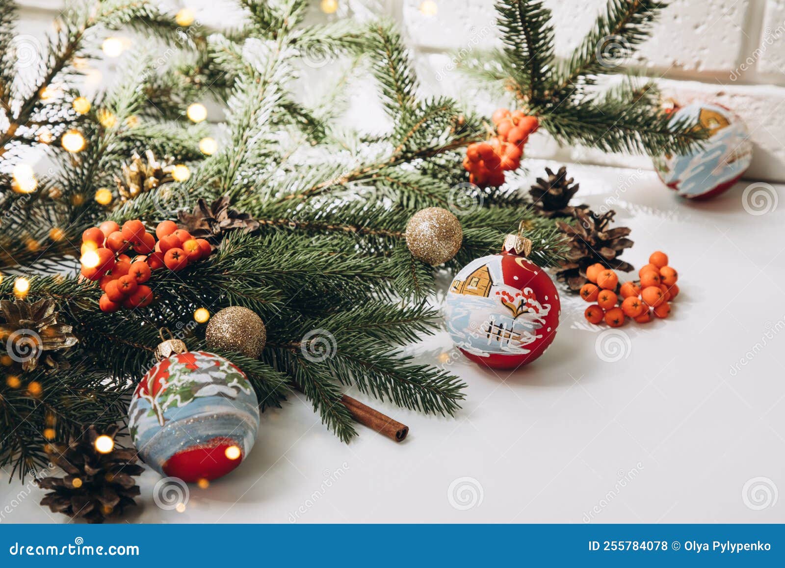 New Year S Decor on a White Background with Branches of a Green