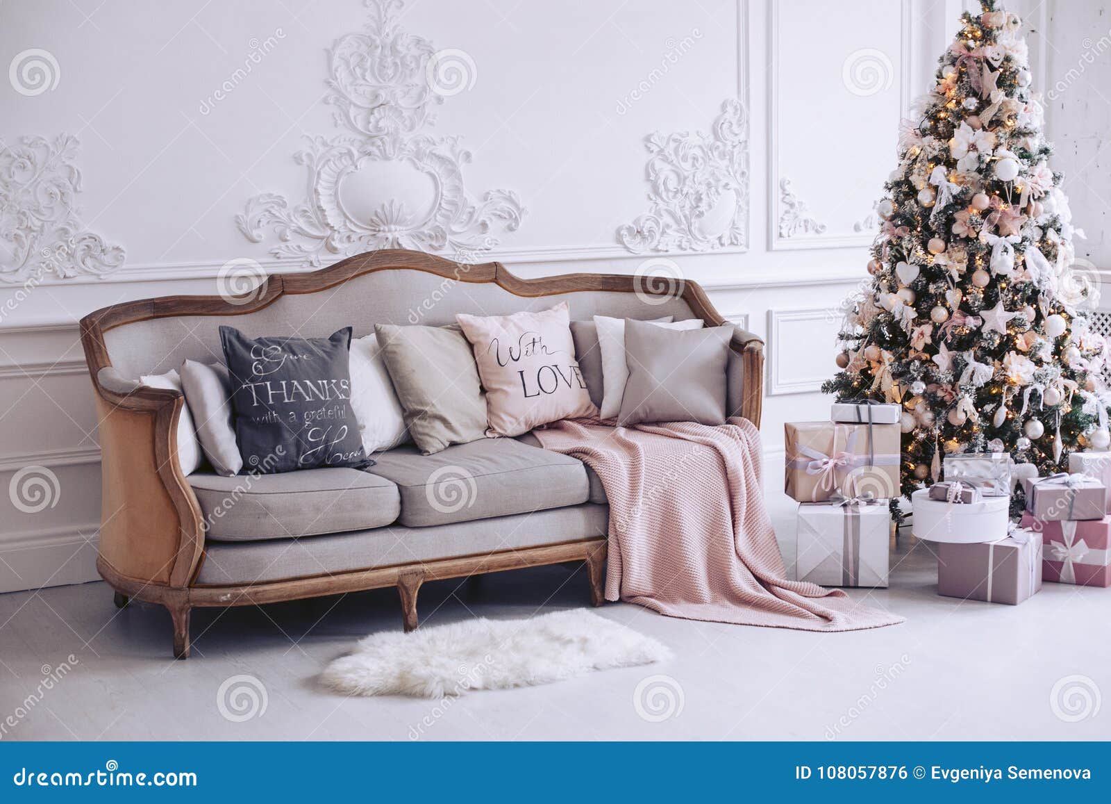 New Year s interior with a beautiful decorative tree and t boxes