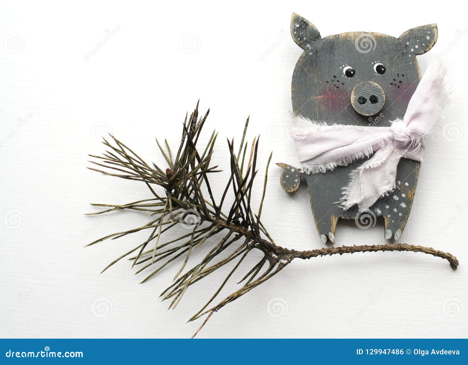 new year`s pig on a white background, christmas tree branch, isolate