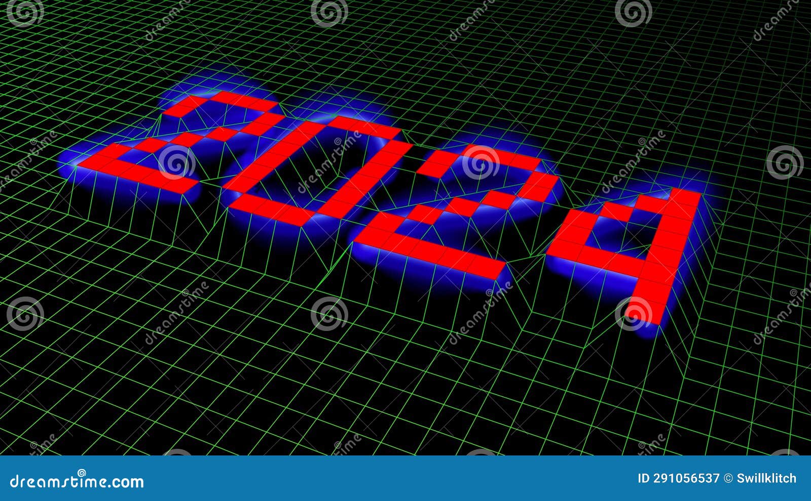 2024 New Year Sign with Technology Grid in Retro Computer Style