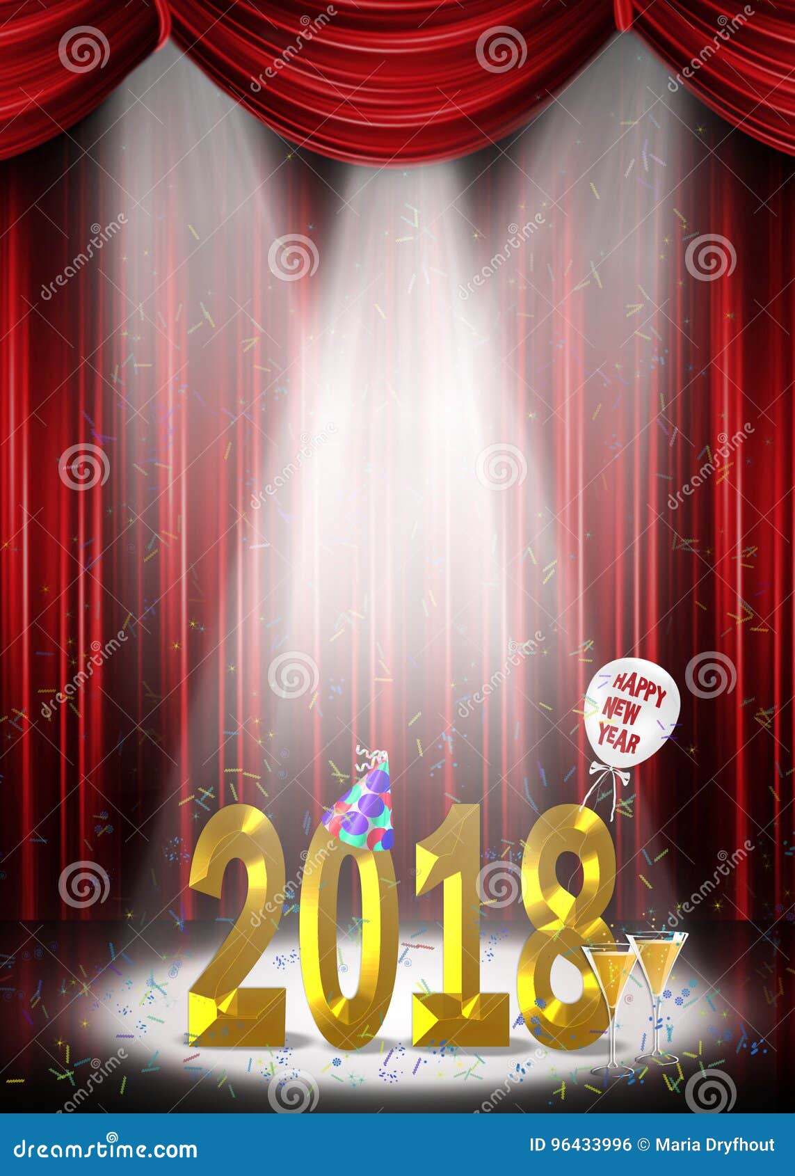 New Year 2018 on Stage in Spotlight Stock Illustration Illustration