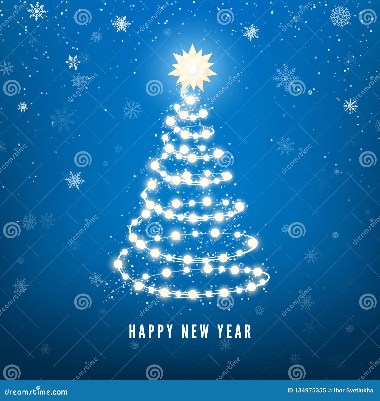 new year tree silhouette made of christmas lights on blue background. magic chistmas snowfall background.  
