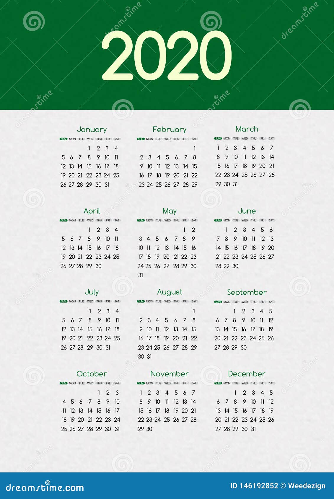 2020 new year  calendar modern simple green  with round san serif font,holiday event planner,week starts sunday