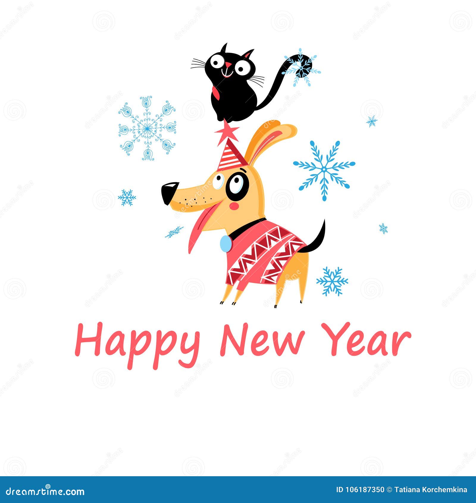 New Years Bright Postcard with a Cat and a Dog Stock Illustration
