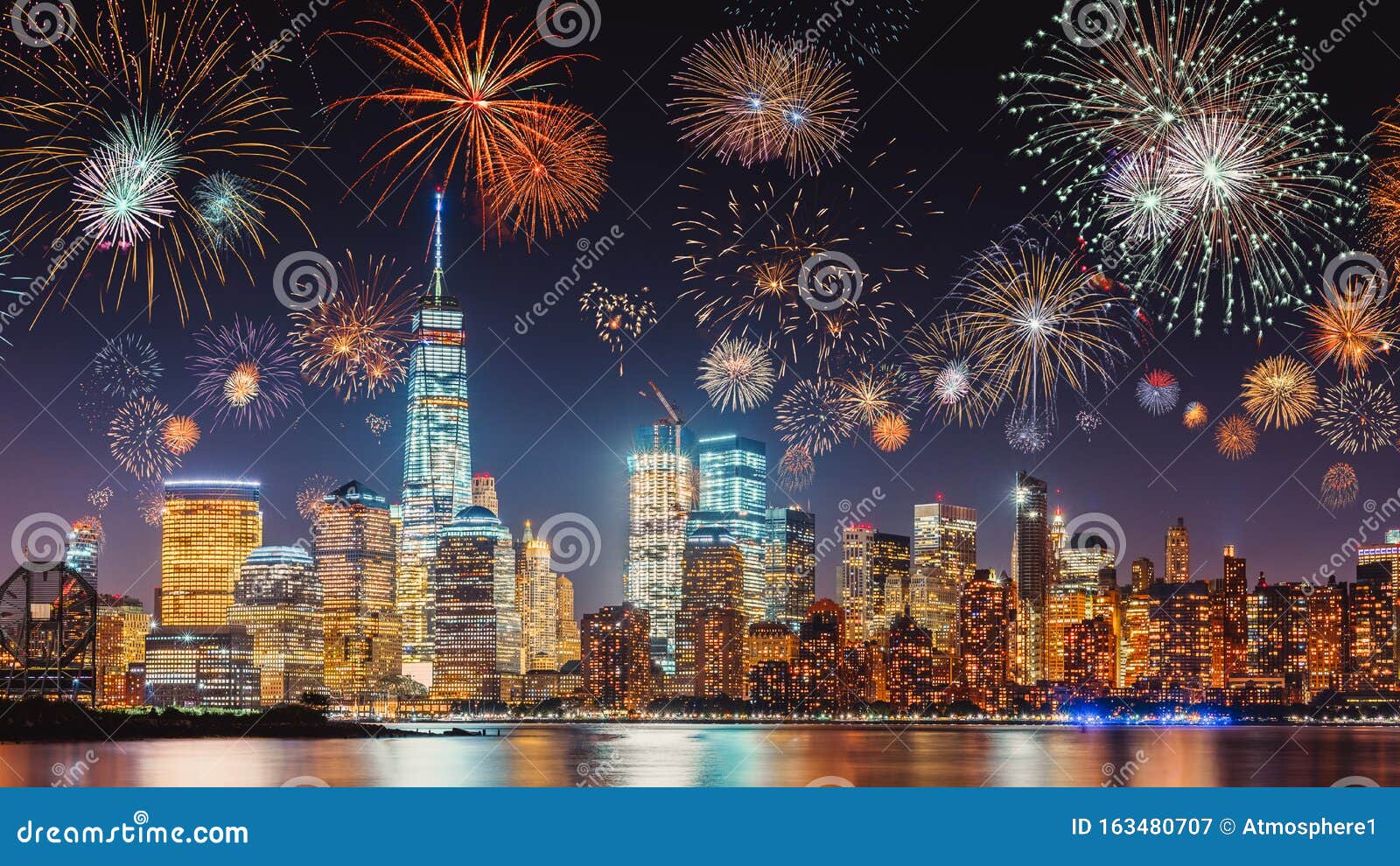 New Years Eve With Colorful Fireworks Over New York City Skyline Long
