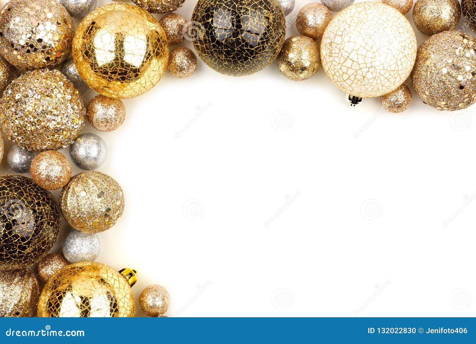 new years eve corner border of gold, black and white ornaments over white