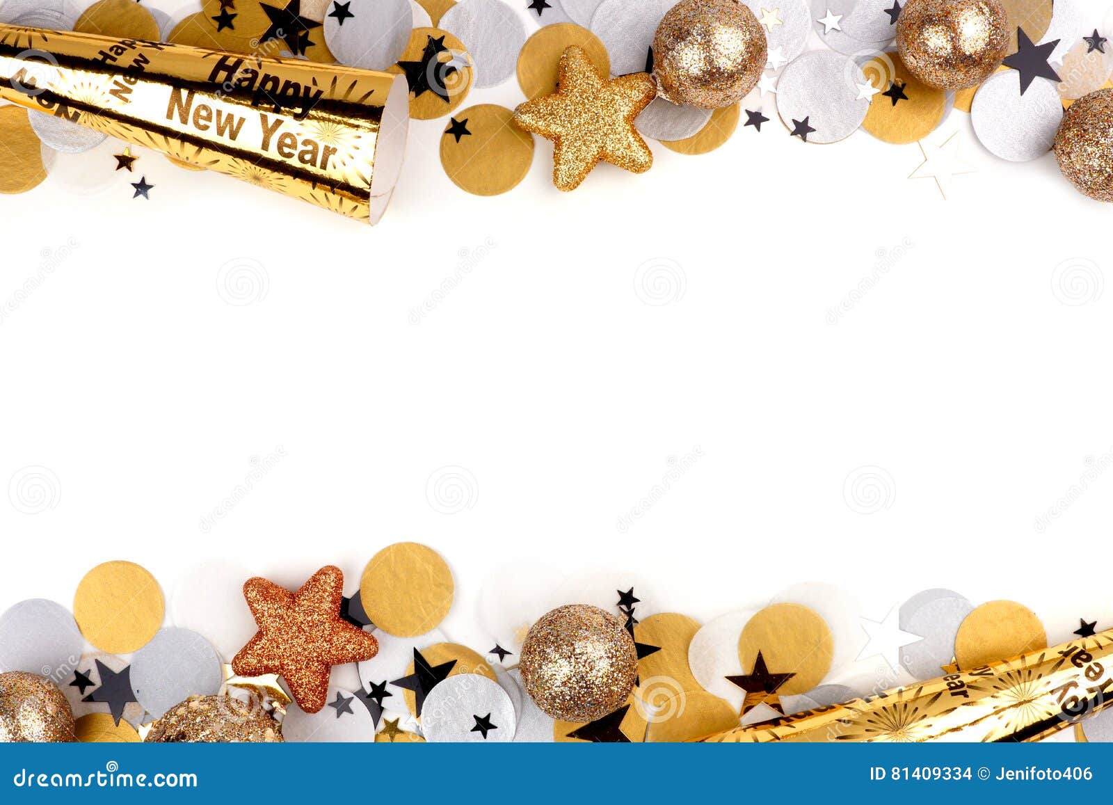new years eve double border of confetti and decor over white