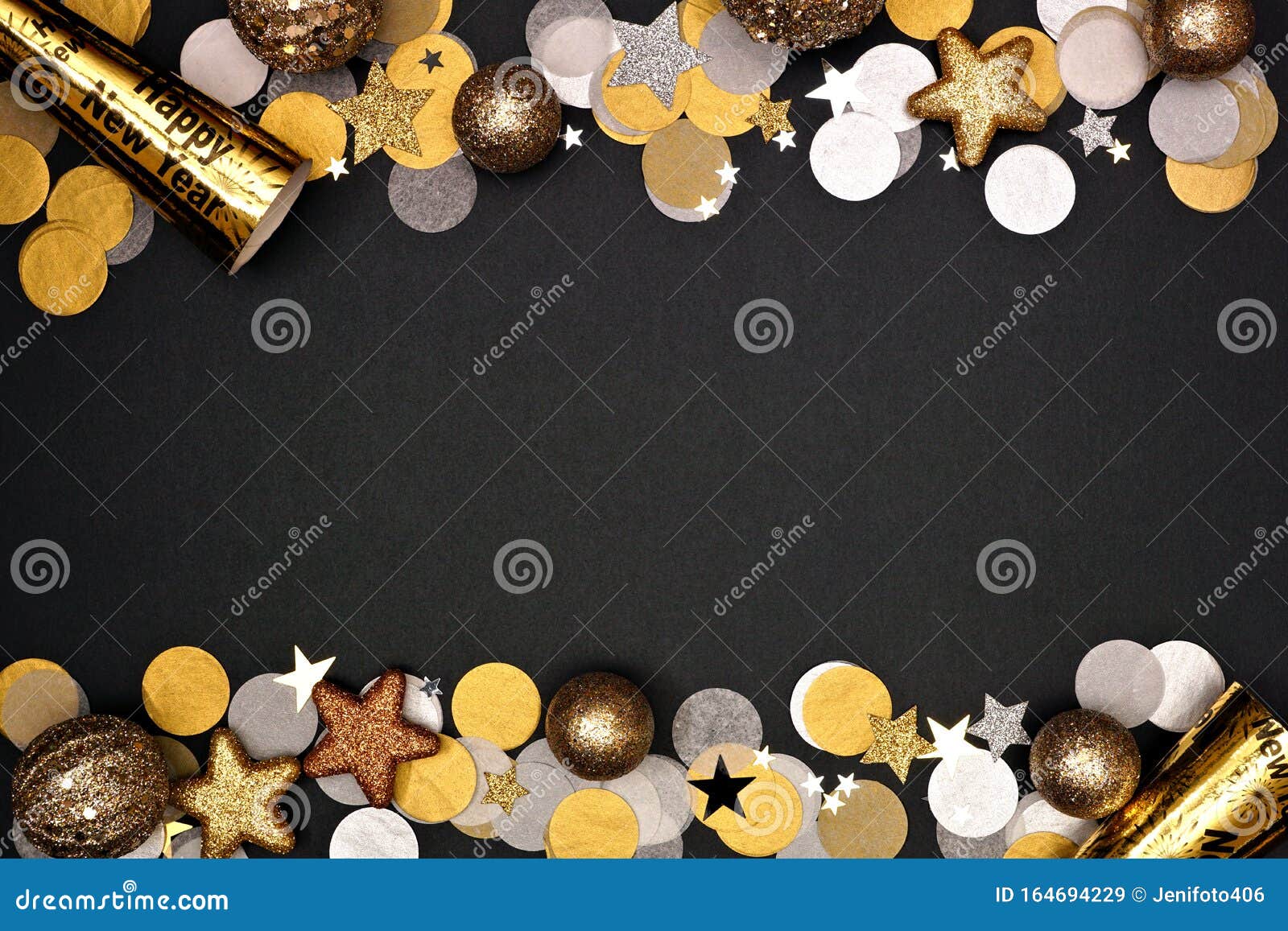 new years eve double border of confetti, decorations and noisemakers, top view over a black background