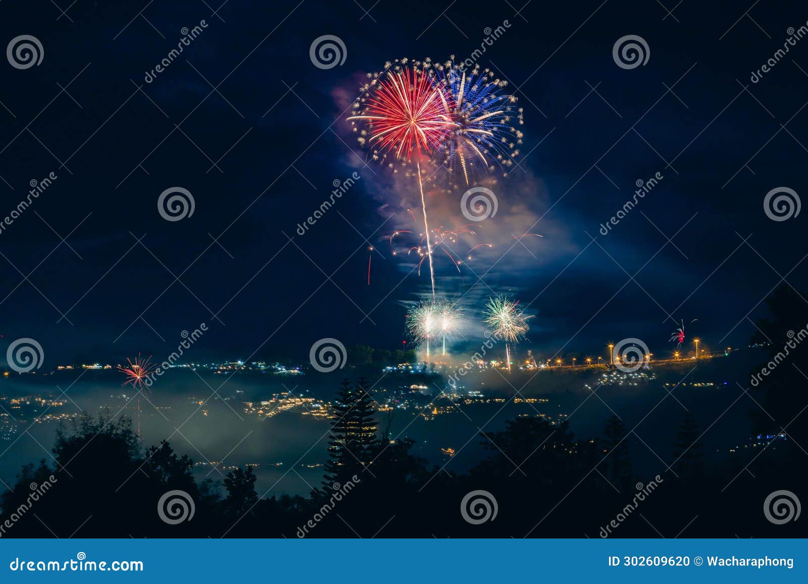 New Years Eve Fireworks Over Village Stock Photo Image of landscape