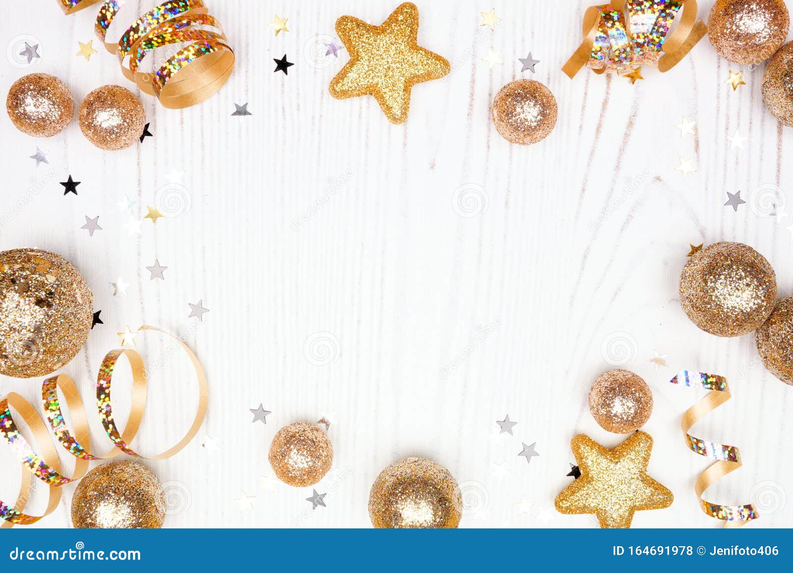 New Years Eve Frame of Confetti, Streamers and Gold Decorations, Top View  Over a White Wood Background Stock Photo - Image of bright, seasonal:  164691978