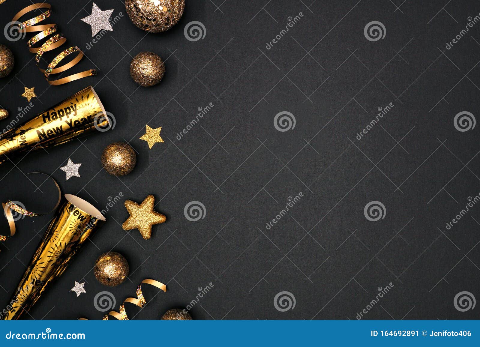 New Years Eve Corner Border Shiny Stars Streamers Decorations Noisemakers  Stock Photo by ©JeniFoto 428960802