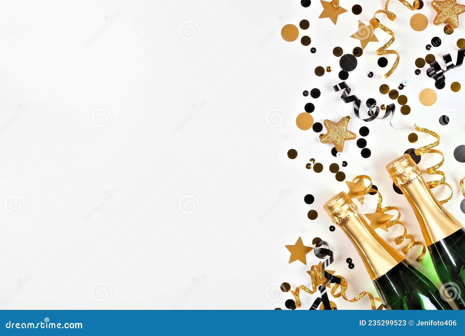 New Years Eve Side Border of Gold and Black Confetti, Streamers and  Champagne Over a White Background Stock Image - Image of black, alcohol:  235299523
