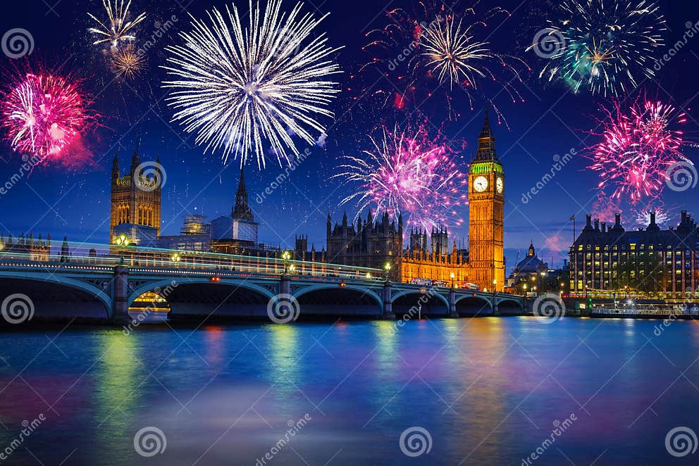 New Years Fireworks Display Over the Big Ben and Westminster Bridge in